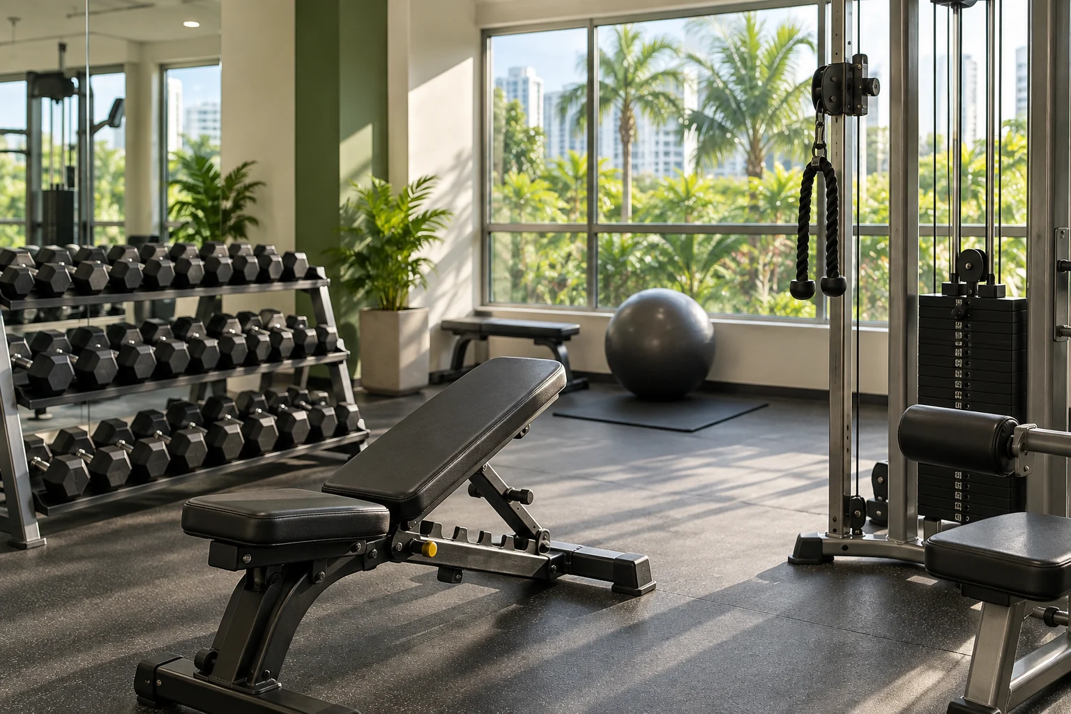 Adjustable weights and resistance equipment in a modest gym.