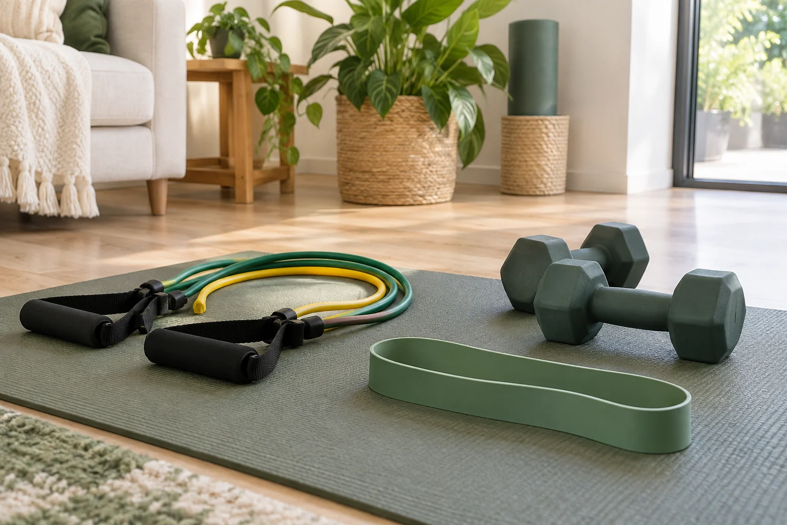 Resistance bands and dumbbells arranged on a home exercise mat.