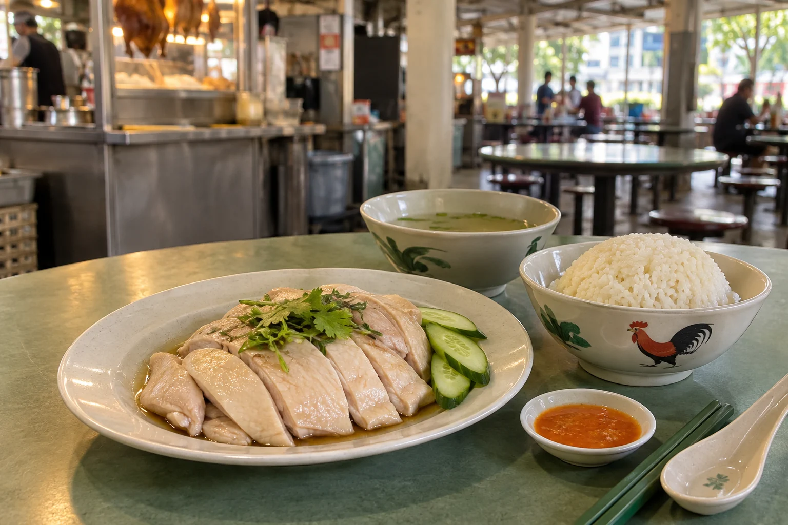Chicken rice and vegetables on a hawker-centre table.