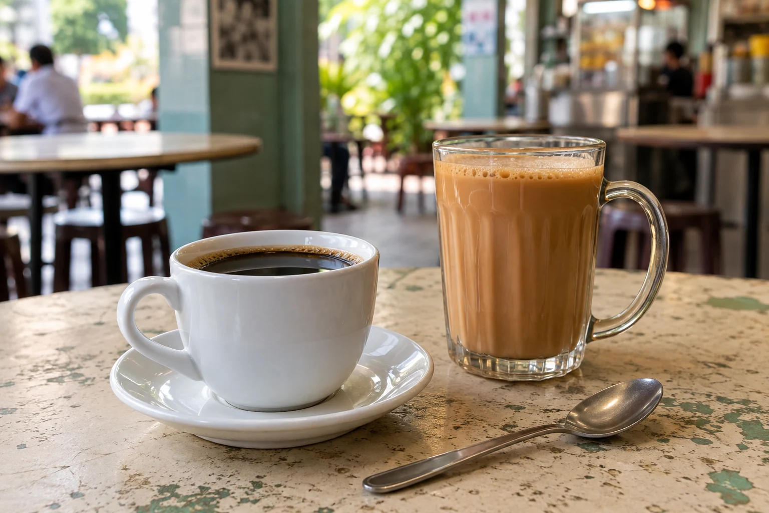 A cup of local coffee and a glass of tea on a kopitiam table.