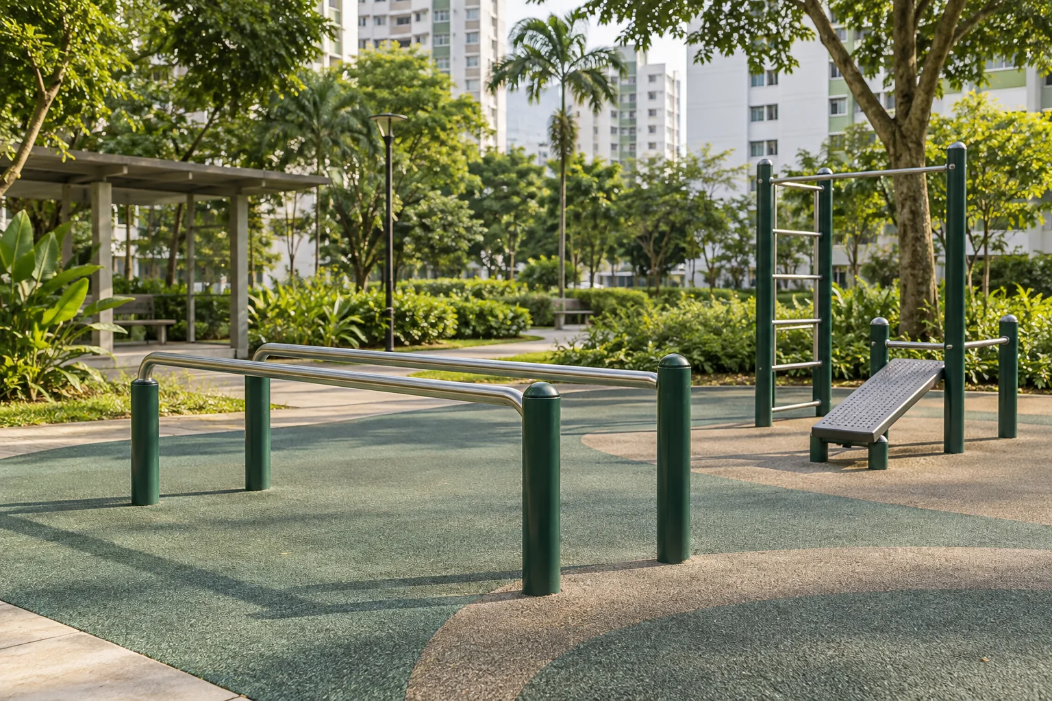 Outdoor exercise equipment at a neighbourhood fitness corner among Singapore housing blocks.