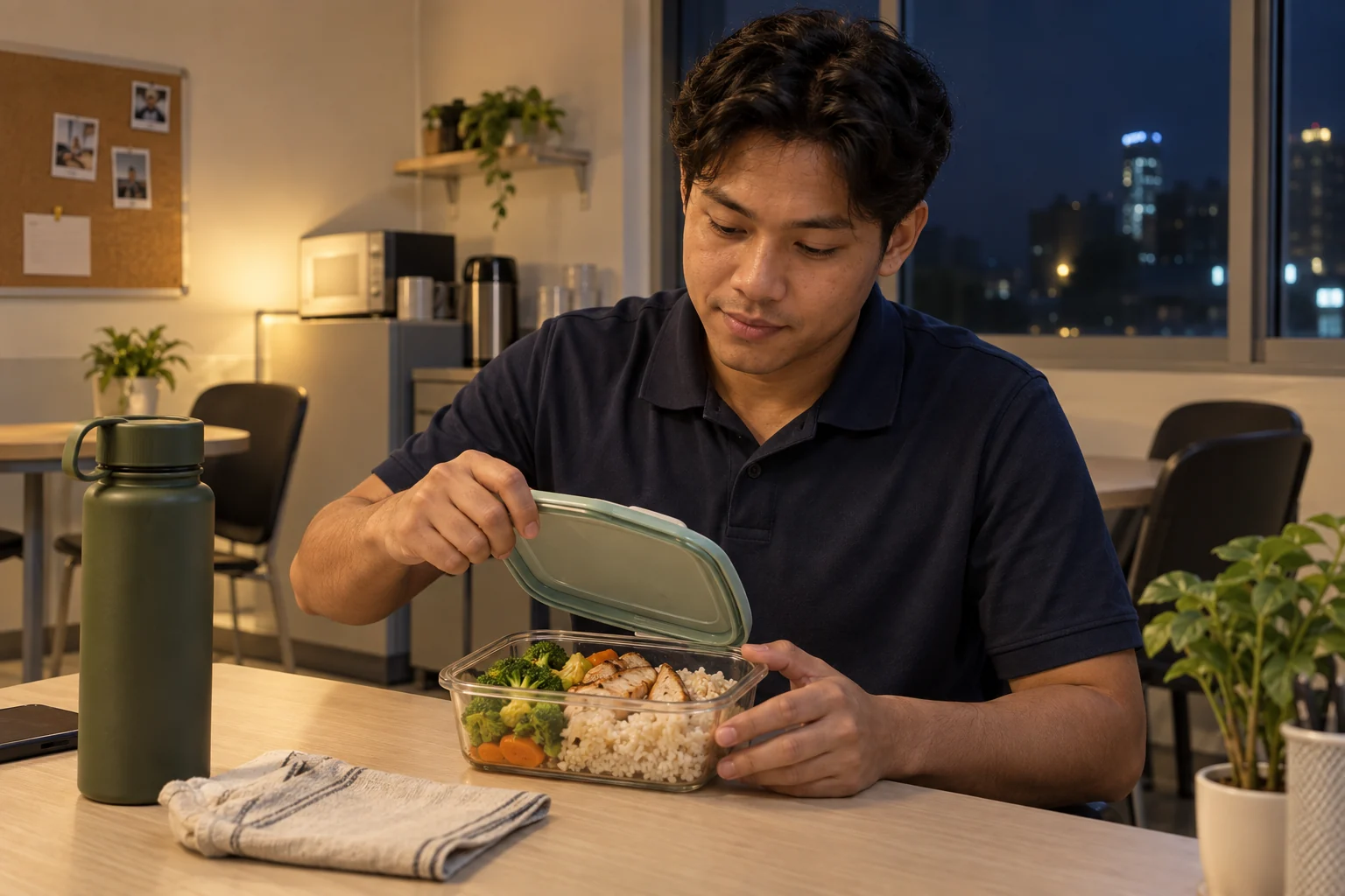A shift worker seated with a packed meal during a night-time break.