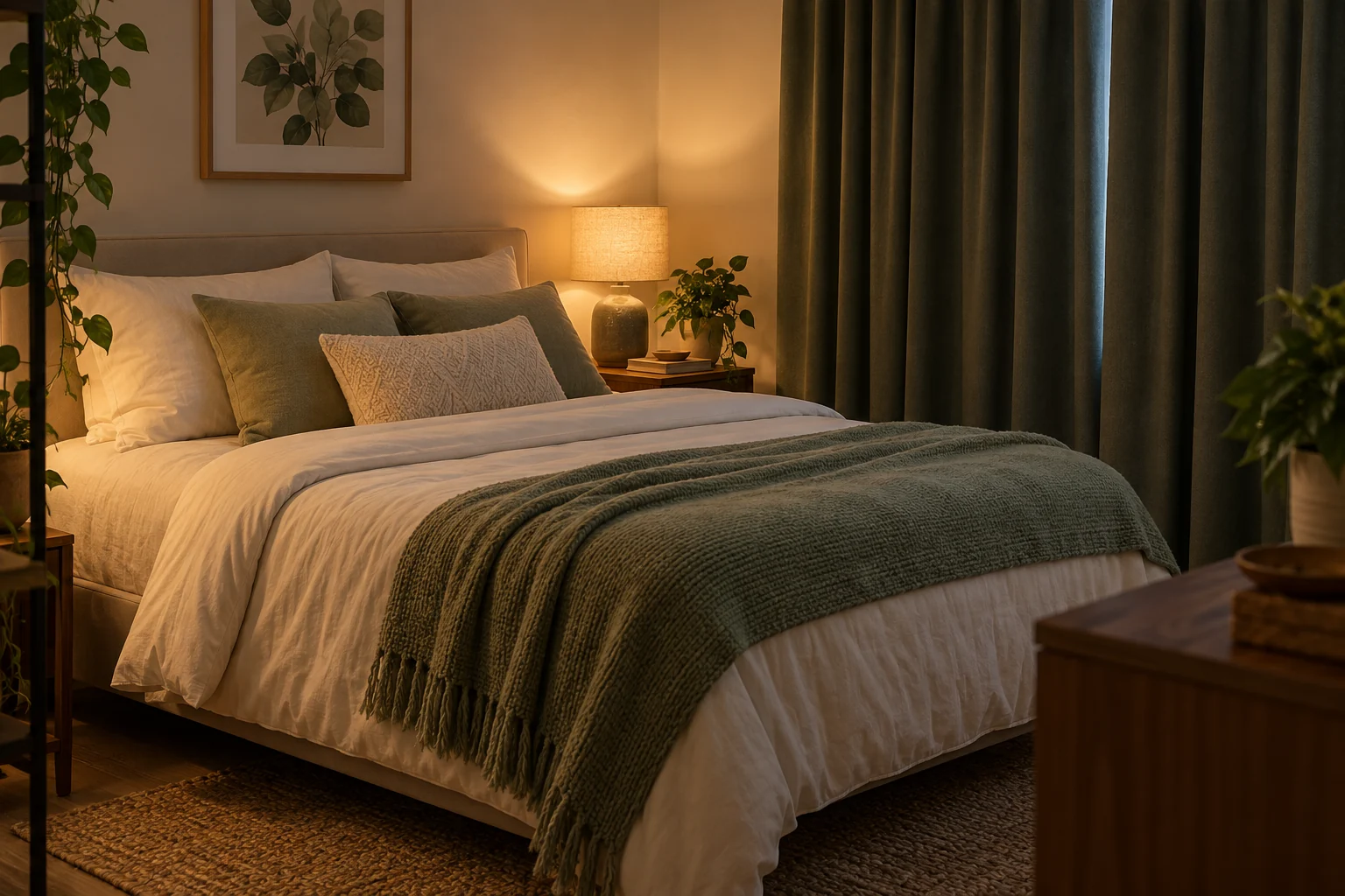A quiet bedroom with a bedside light and curtains drawn.